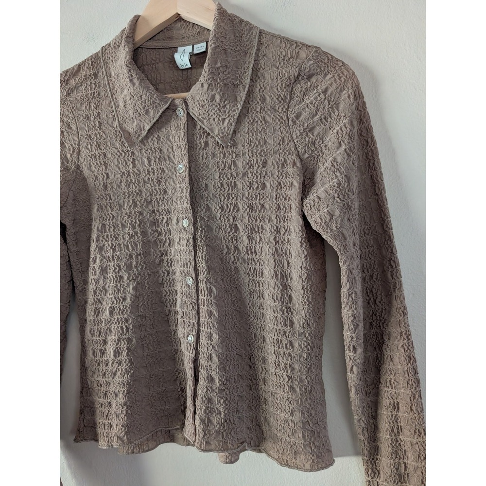 Joie Womens XS Taupe Smocked Crinkle Textured Button Down Shirt Fairy Goblincore - Picture 5 of 10
